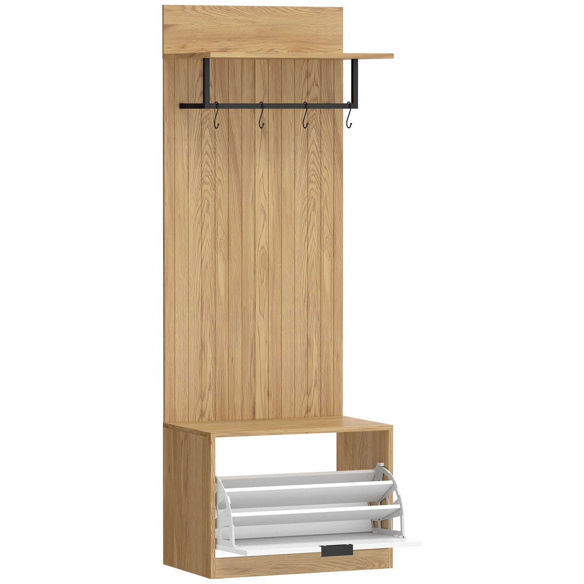 Porte-Manteau 5 en 1, Meuble d'Entrée, Banc à Chaussures, Tiroir Basculant, Étagères Réglables, 4 Crochets, Chêne-0