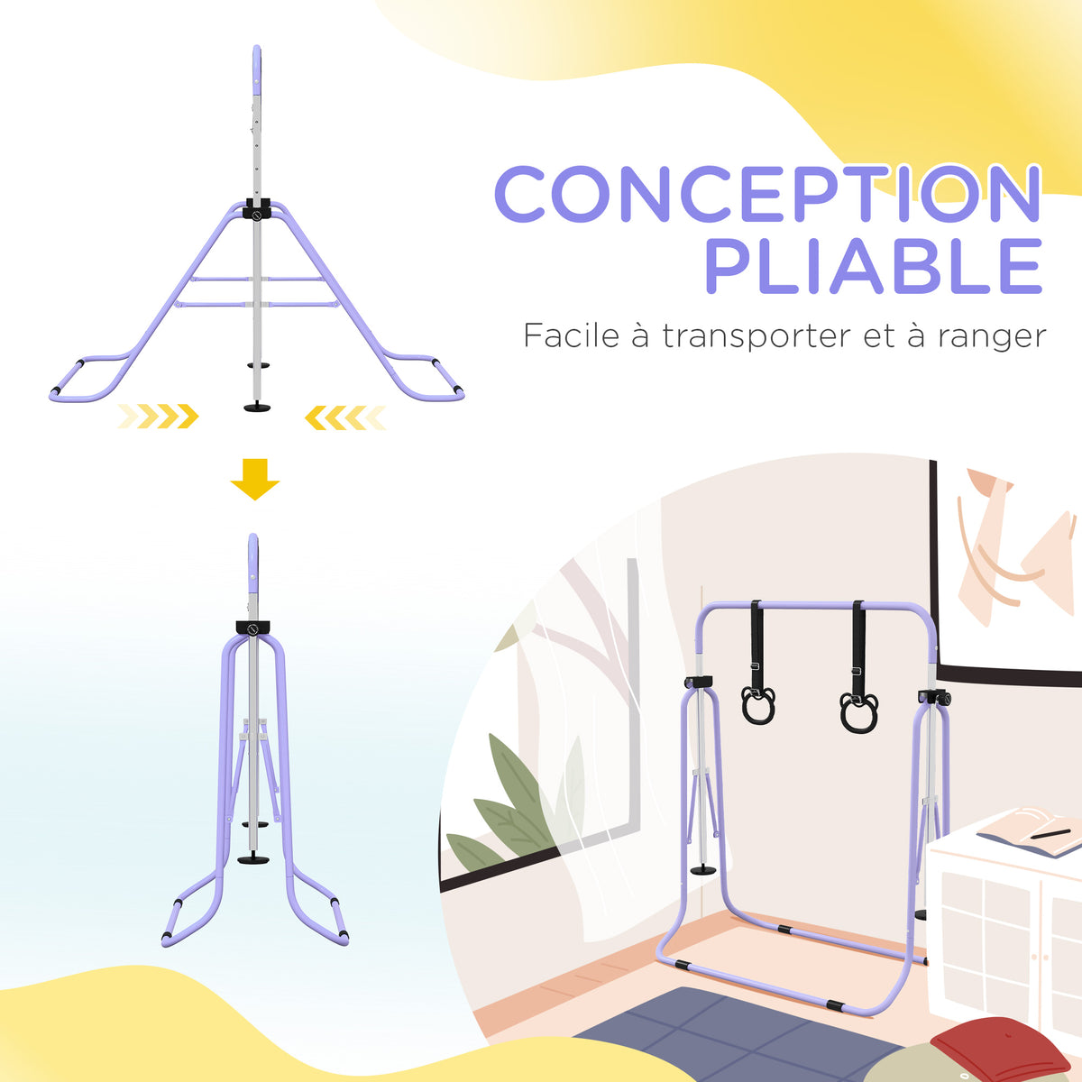 Barre de gymnastique pour enfants, barre horizontale pliable à hauteur réglable avec anneaux de gymnastique, violet-5