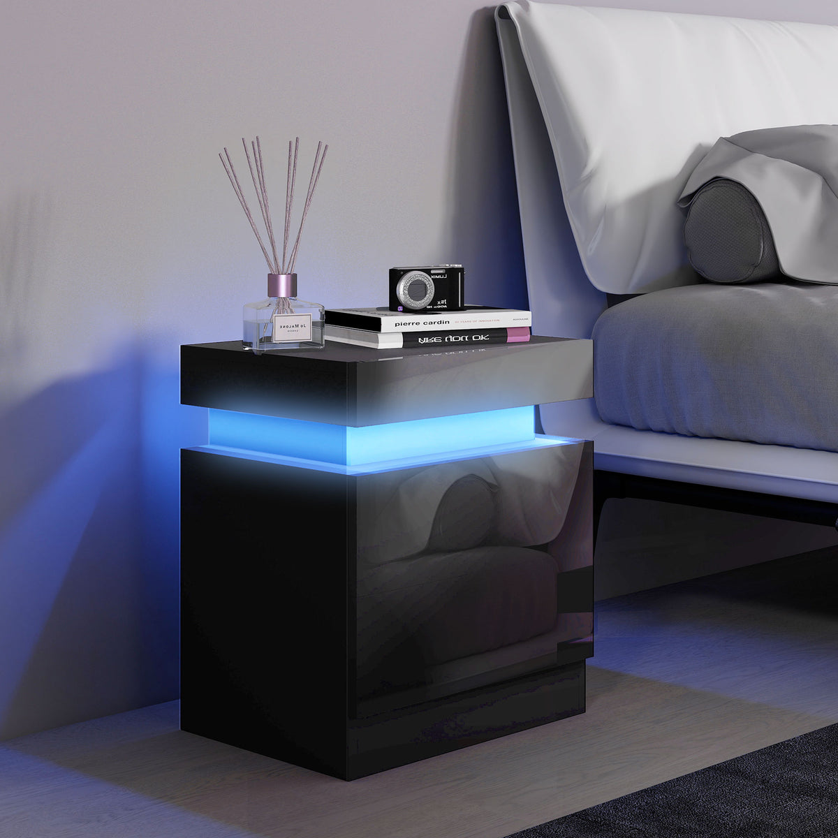 Table de chevet table de nuit lumière LED RVB panneau haute brillance avec 2 tiroirs pour salon chambre à coucher noir-1
