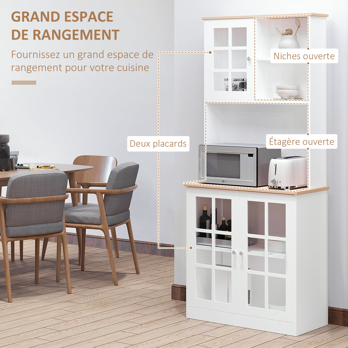 Buffet cuisine, meuble cuisine rangement haut, meuble de rangement avec plan de travail, 3 portes vitrées, 2-3