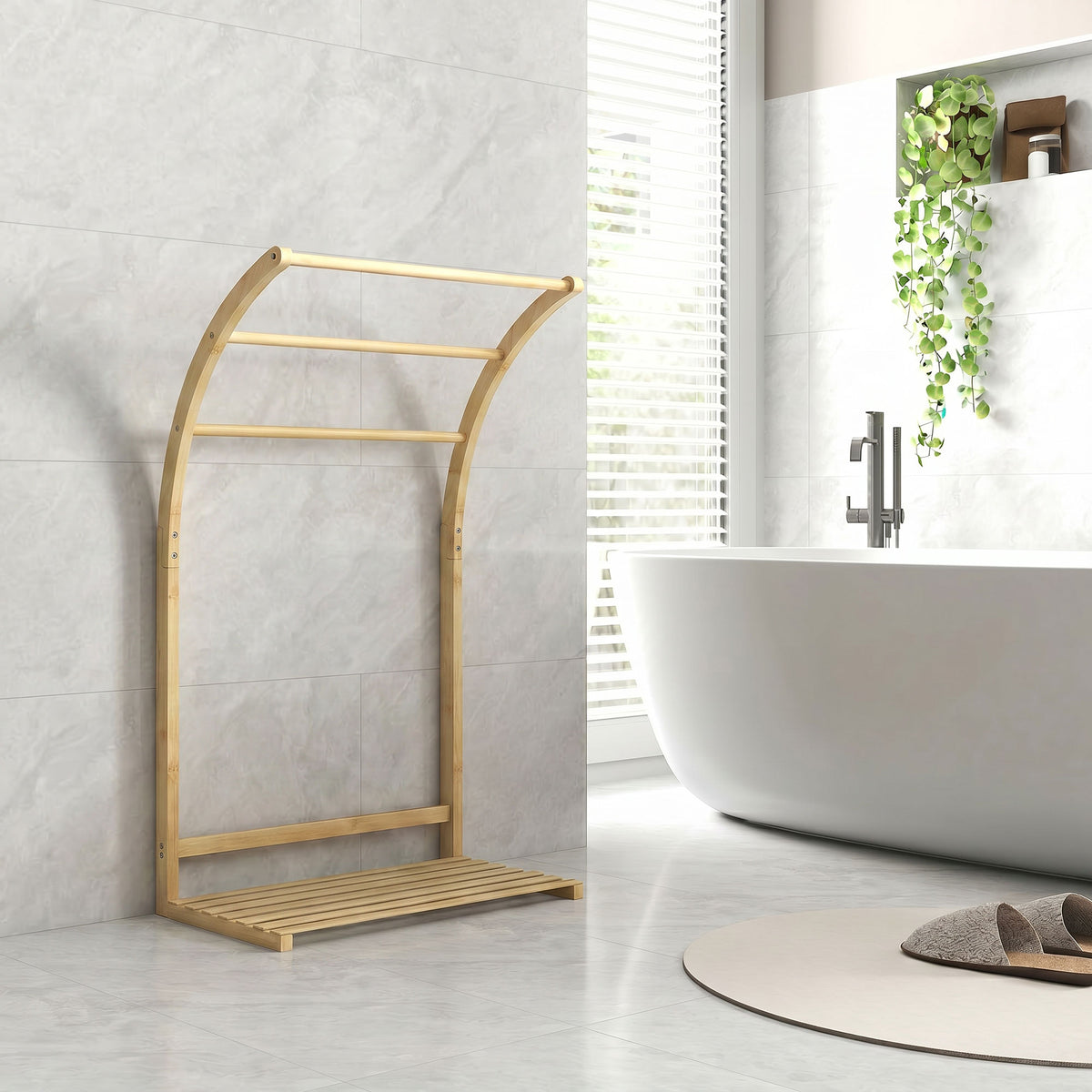 Porte-serviettes en bambou 3 barres avec étagère de rangement, pour la salle de bains et la buanderie, finition naturel-1