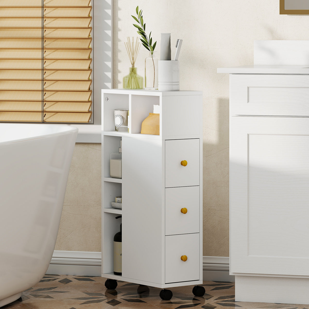 Meuble de salle de bain à roulettes, meuble de rangement étroit, 3 tiroirs, 5 compartiments ouverts, 20x40x80cm, blanc-7