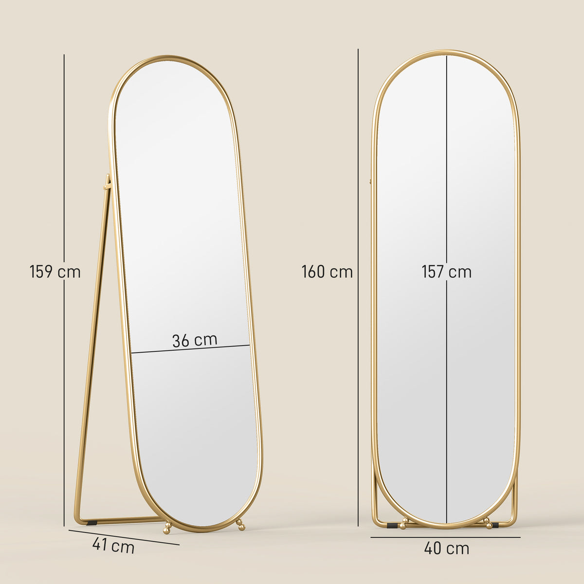 Grand miroir sur pied, miroir ovale, cadre en métal doré, avec support pour entrée, chambre, dressing, 40 x 160 cm-2