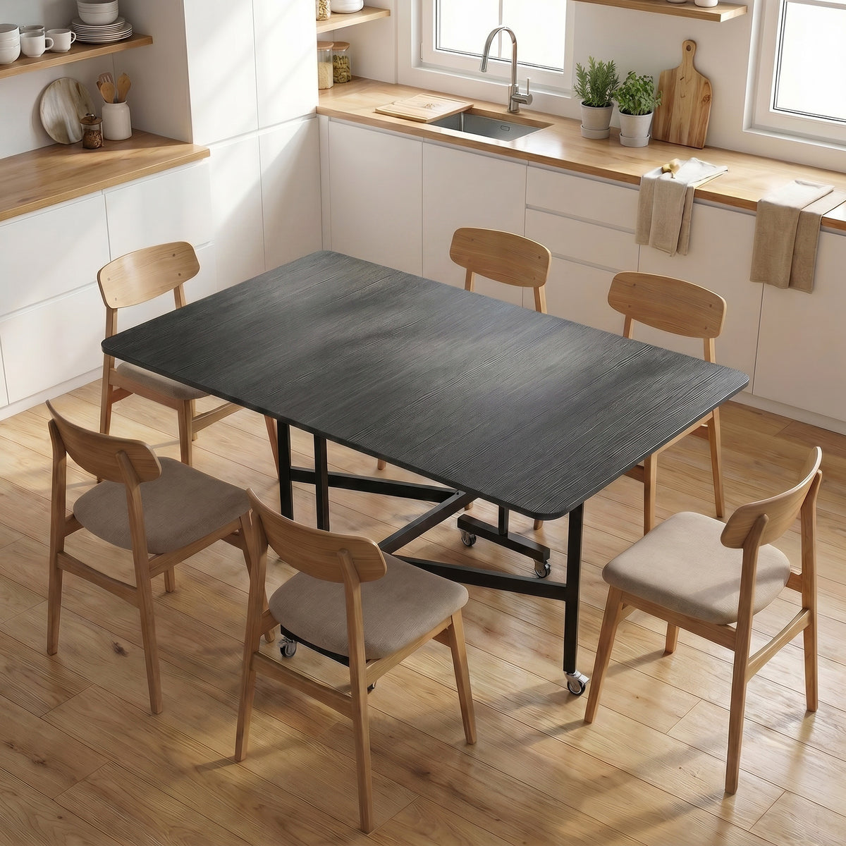 Table à Manger Pliante sur Roulettes pour 4-6 Personnes 120 cm, Roues avec Freins, 2 Abattants, Industriel, Noir-1