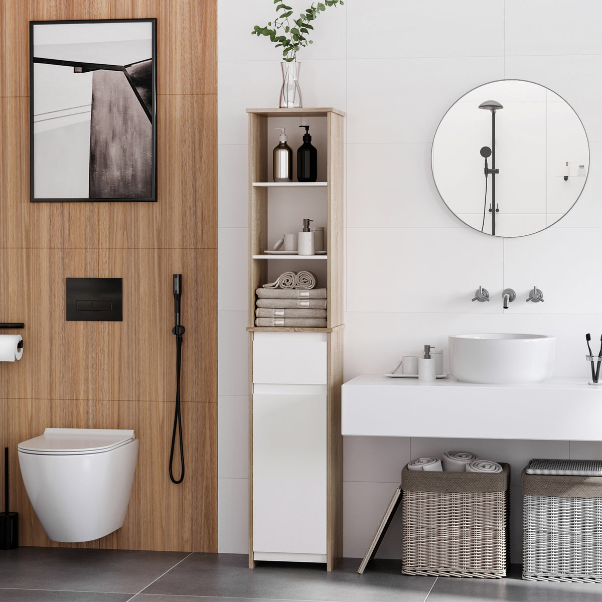 Meuble Colonne Rangement Salle de Bain Style Cosy 3 niches tiroir Placard avec étagère Blanc Aspect chêne Clair-8
