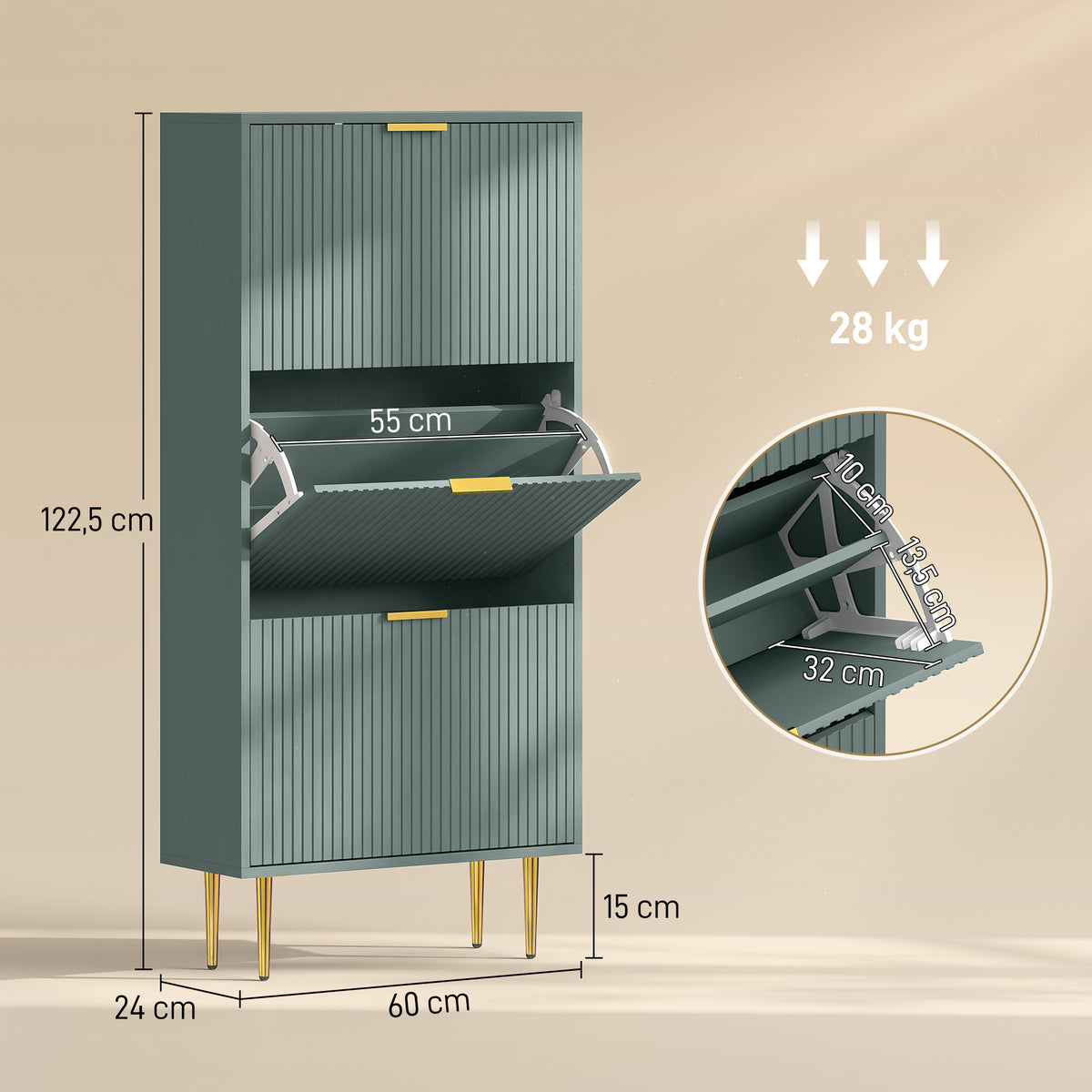 Meuble à Chaussures 18 Paires, Armoire à Chaussures avec 3 Tiroirs, Façades Cannelées et Étagères Réglables, Vert Foncé-2