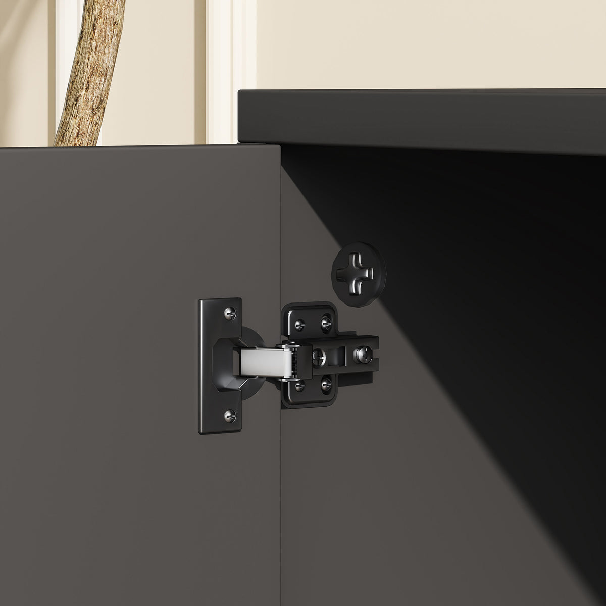 Meuble TV sur roulettes avec 2 Freins - 2 niches + Placard Porte 2 Passe-Fil - en bois Noir chêne Clair-8