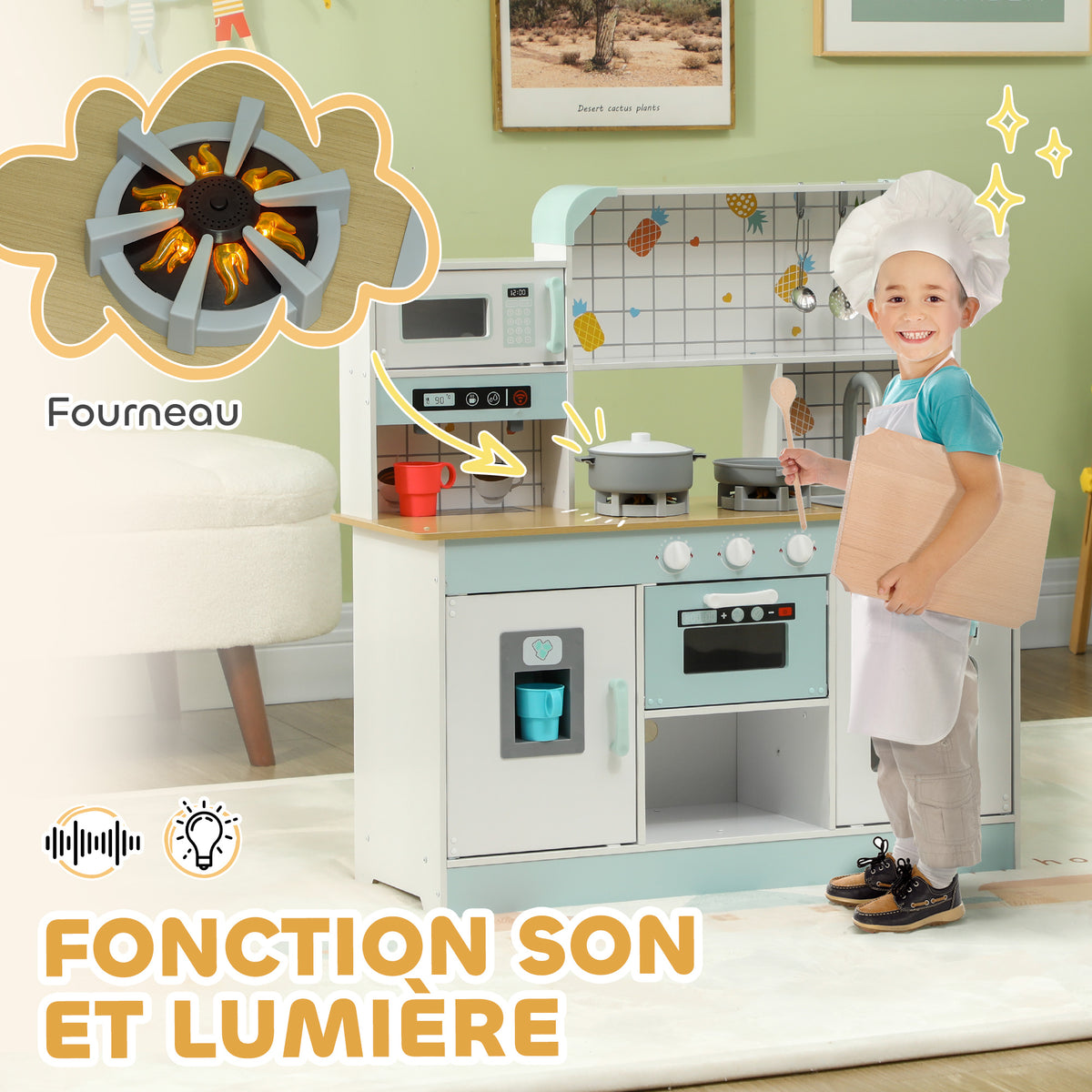 Cuisine enfant jouet d'imitation, dinette enfant avec lumières et sons réalistes, 88,6 x 31,7 x 90,4 cm, blanc-3