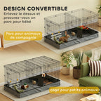 Cage pour petits animaux 2 en 1 avec dessus amovible enclos lapin 2 zones séparées rampe 121 x 61 x 61 cm en acier noir-3
