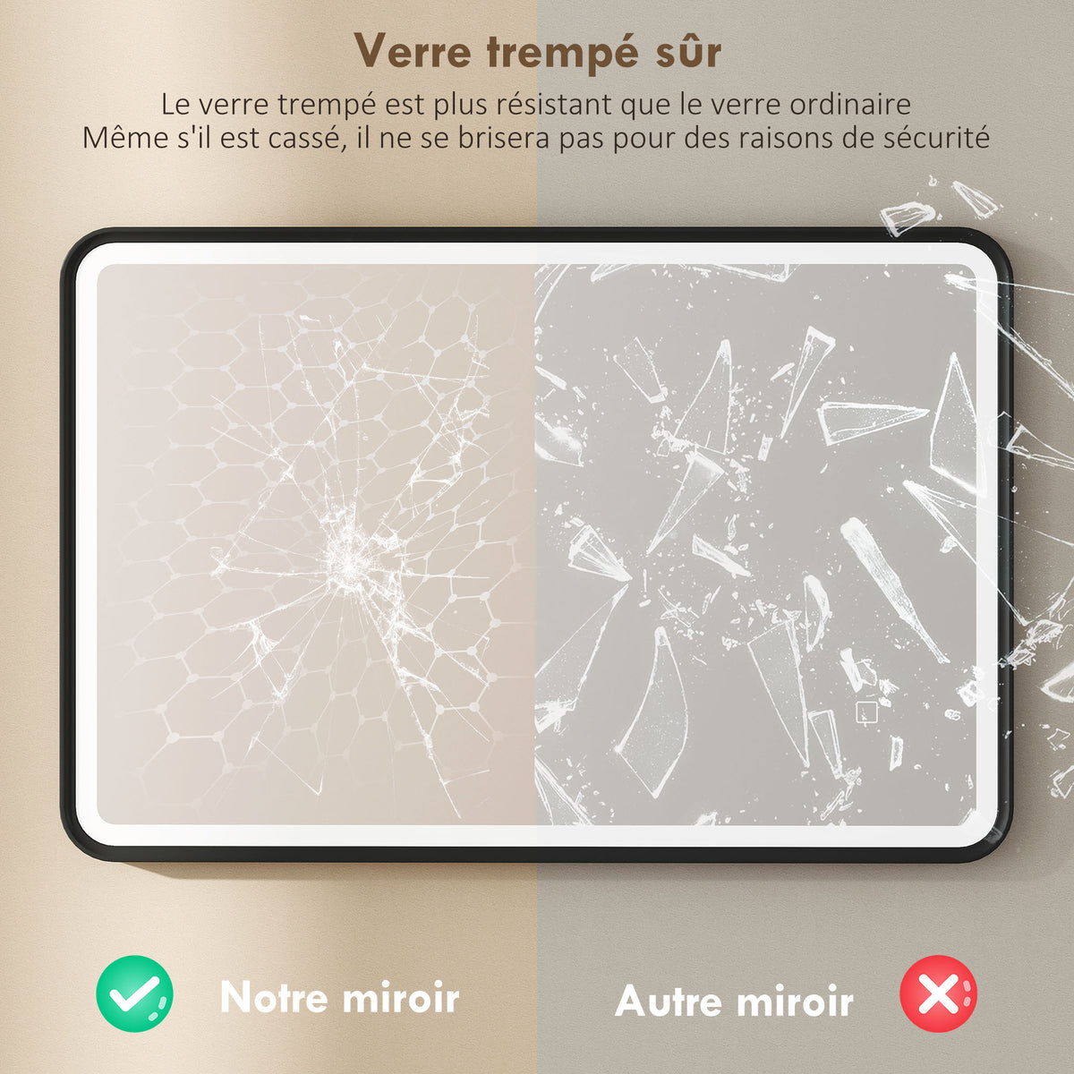 Miroir salle de bain avec éclairage 90 x 60 cm, miroir LED mural, anti-buée, 3 couleurs lumière, dimmable, noir-6