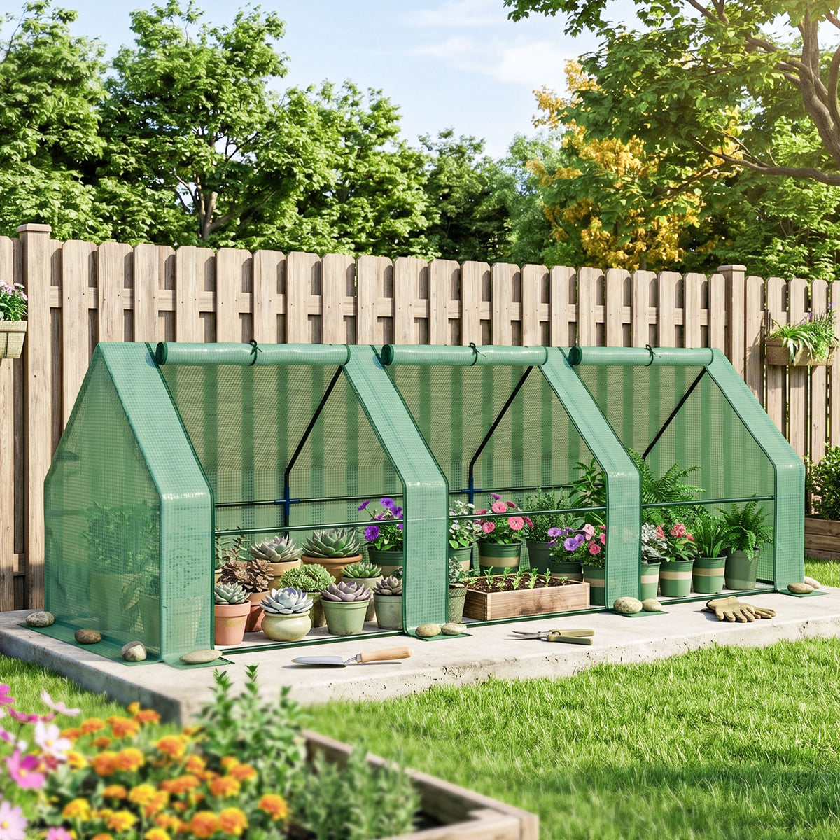 Mini Serre de Jardin mini serre tunnel 270L x 90l x 90H cm toit pointu Acier PE Haute densité 140 g/m² Anti-UV 3 fenêtres avec Zip enroulables Vert-9