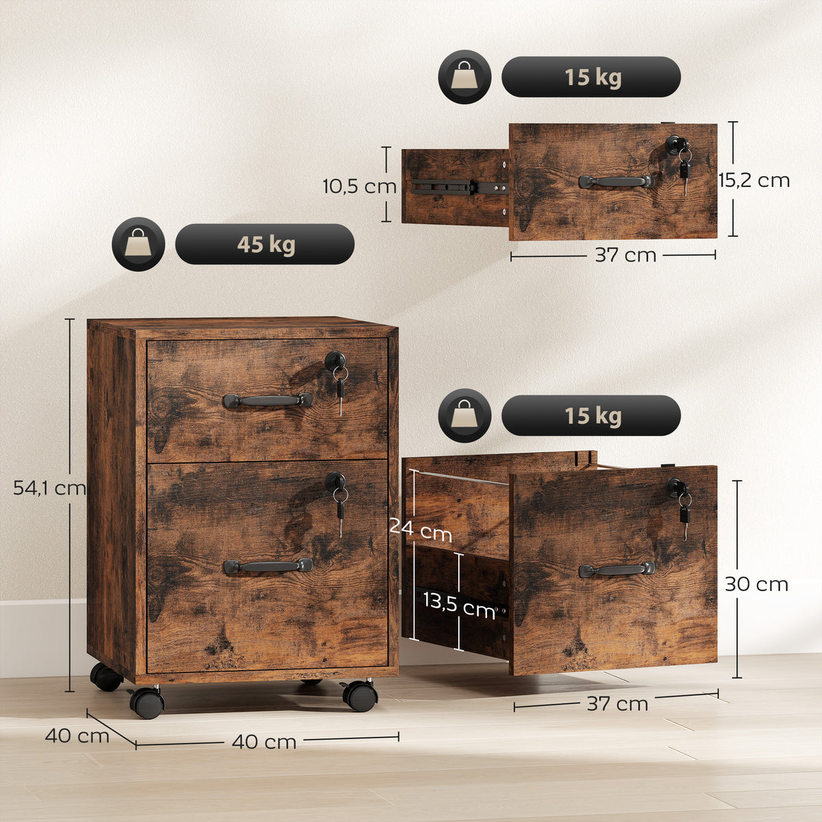 Caisson bureau mobile à 2 tiroirs, meuble rangement bureau sur roulettes pour documents suspendus format lettre, marron-2