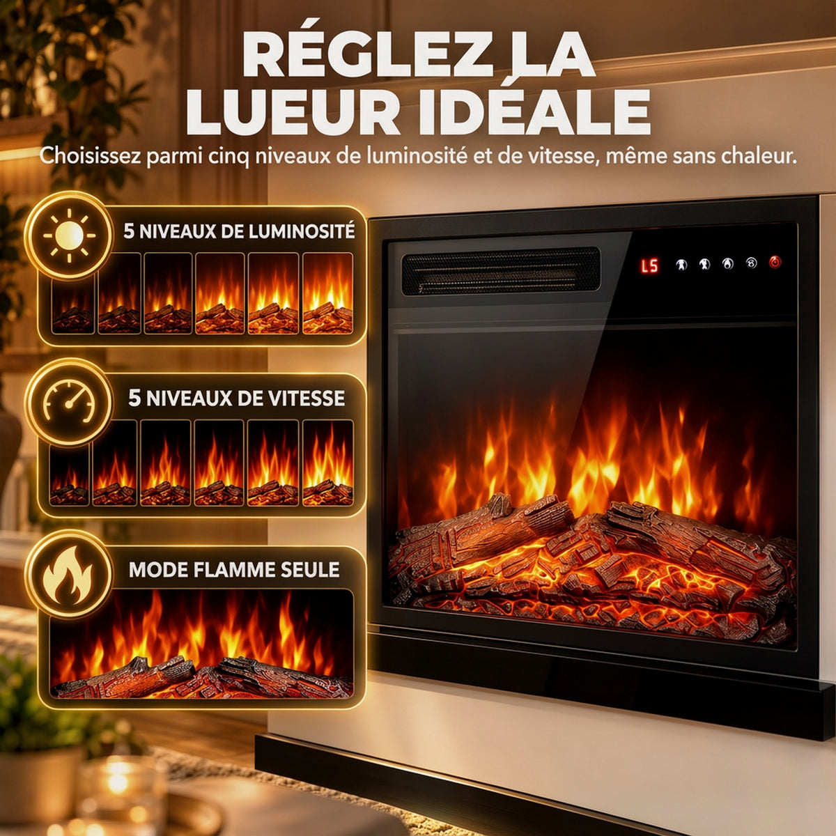 Cheminée Électrique Meuble TV Jusqu'à 50 Pouces Effet Flamme 3D, Chauffage d'Appoint 1800W 80x23x78,5cm Blanc-4