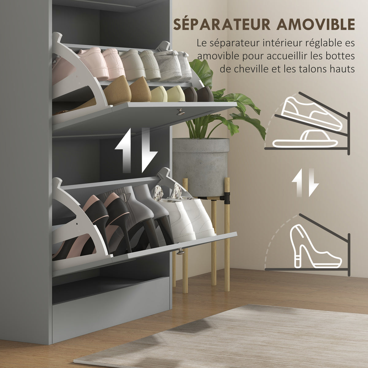 Meuble à chaussures 18 paires, armoire à chaussures avec 3 tiroirs rabattables, étagères réglables, 60x23,5x115cm, gris-5