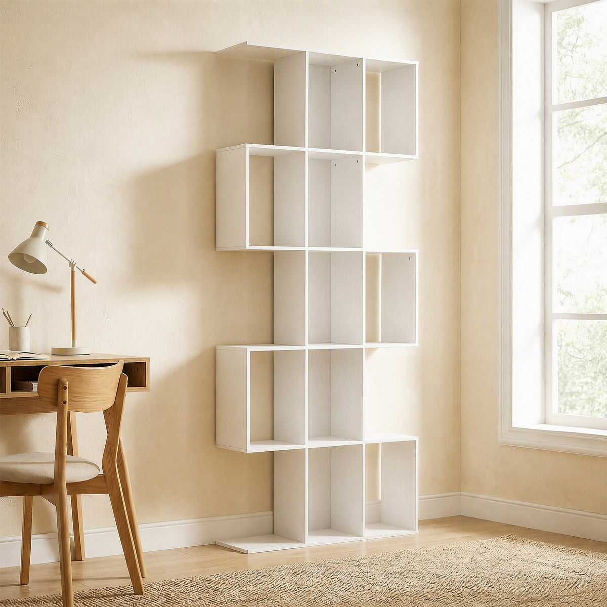 Bibliothèque à 5 niveaux, étagère de rangement en forme S avec 15 compartiments ouverts, 80 x 24 x 200 cm, blanc-1