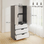 Armoire chambre penderie avec 2 portes à fermeture douce, 3 tiroirs et barre de suspension, 80x50x180cm, gris et blanc-2