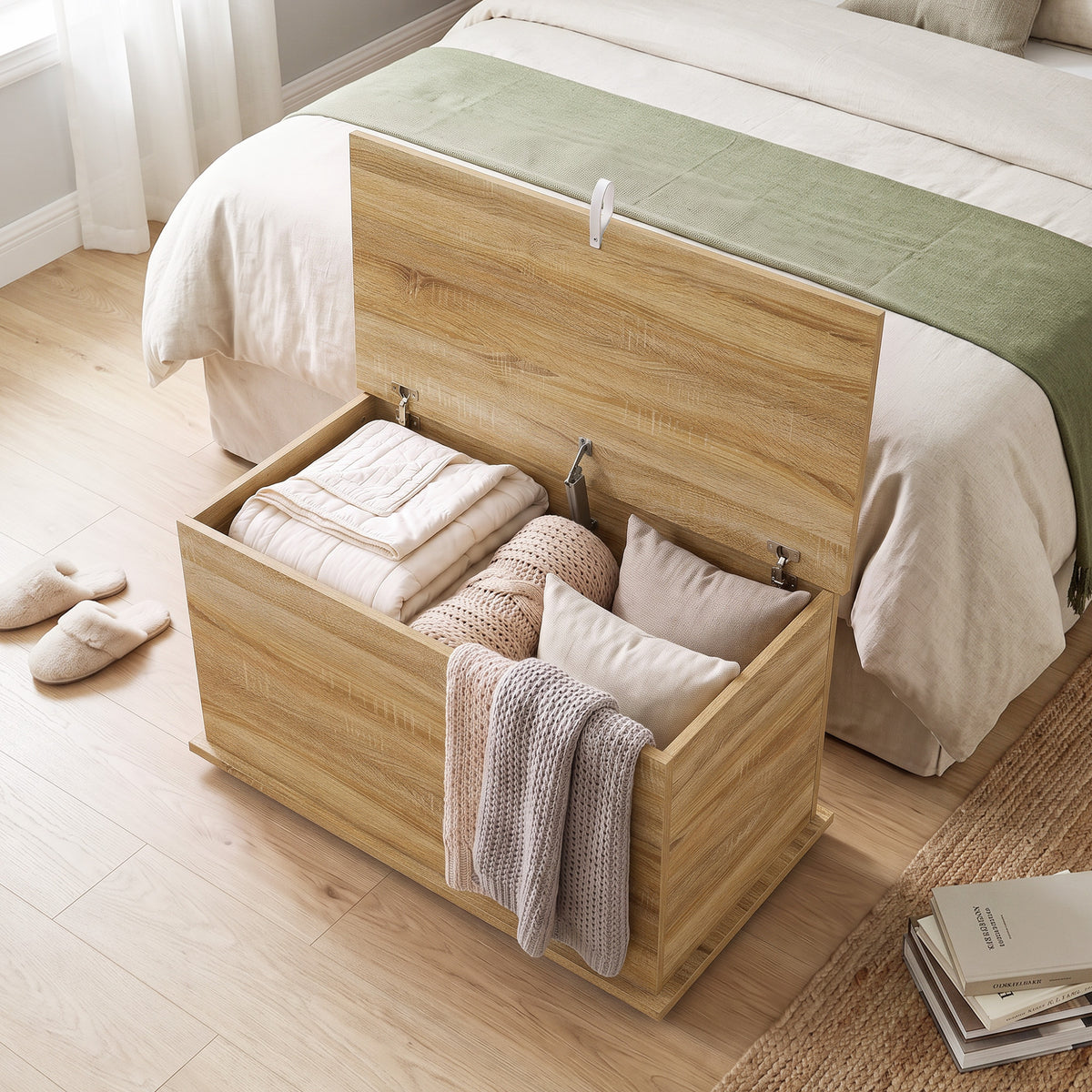 Coffre de Rangement, Banc de Rangement avec Couvercle Rabattable et Charnières de Sécurité, 80 x 40 x 45 cm, Naturel-7