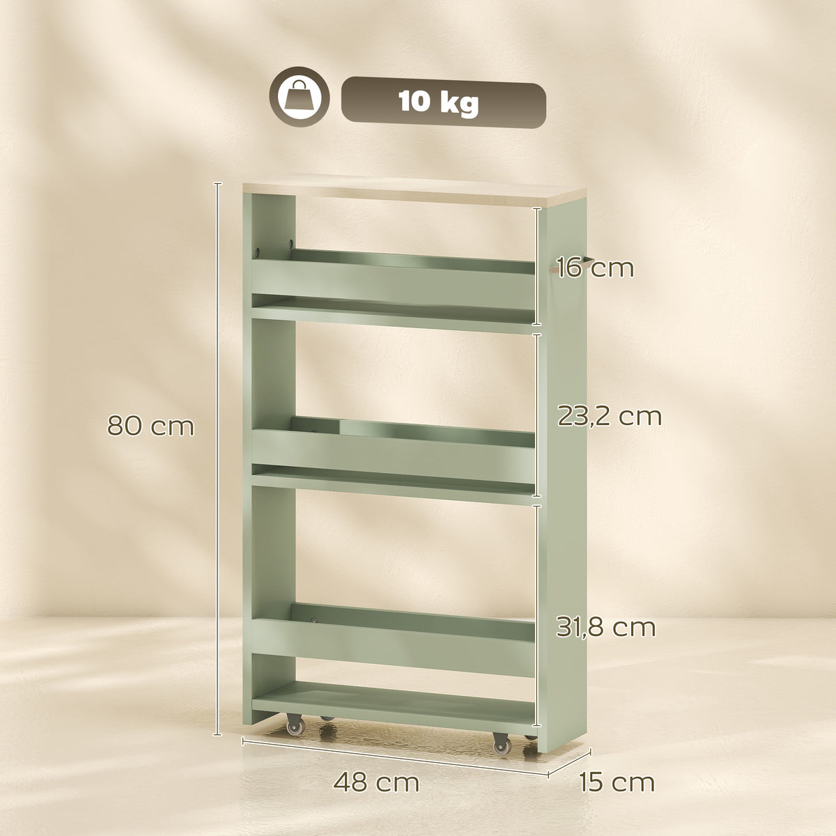 Chariot de rangement à 3 niveaux chariot de stockage étagère sur roulettes avec poignée - 48 x 15 x 80 cm vert-2
