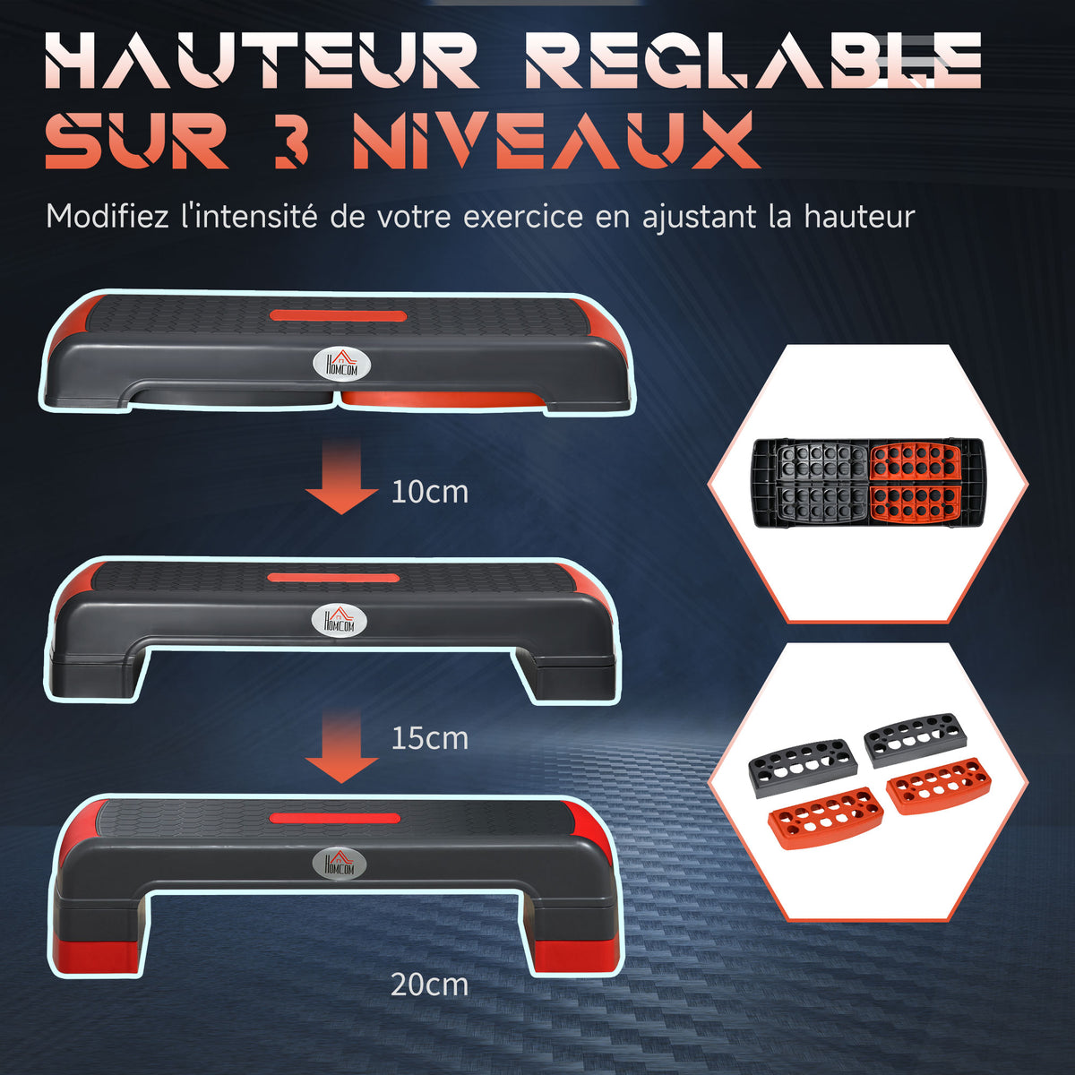 Stepper aérobic fitness hauteur réglable 3 niveaux surface antidérapante 78 x 28 x 20 cm gris et rouge-3
