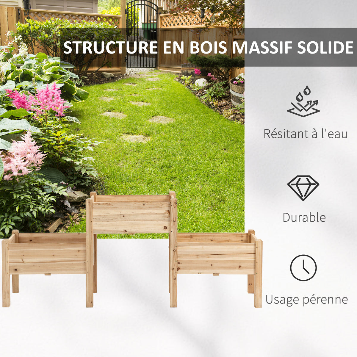 Jardinière sur Pieds carré Potager 2 étages dim. 184L x 45l x 80H cm Inserts d'irrigation Bois Sapin pré-huilé-6