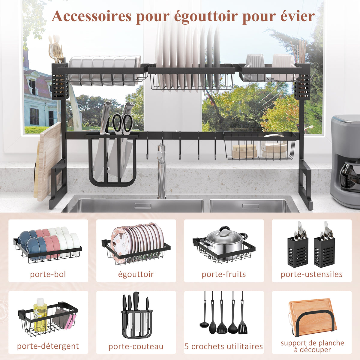 Égouttoir à vaiselle 2 niveaux porte-couteau support pour planche à découper 93 x 30 x 52,5 cm acier noir-4