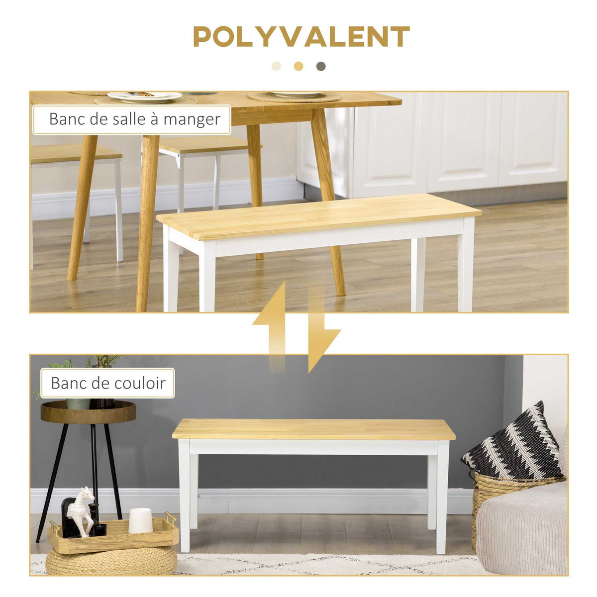 Banc en bois pour 2 personnes bicolore assise naturelle et piètement blanc 102 x 36 x 45 cm-5