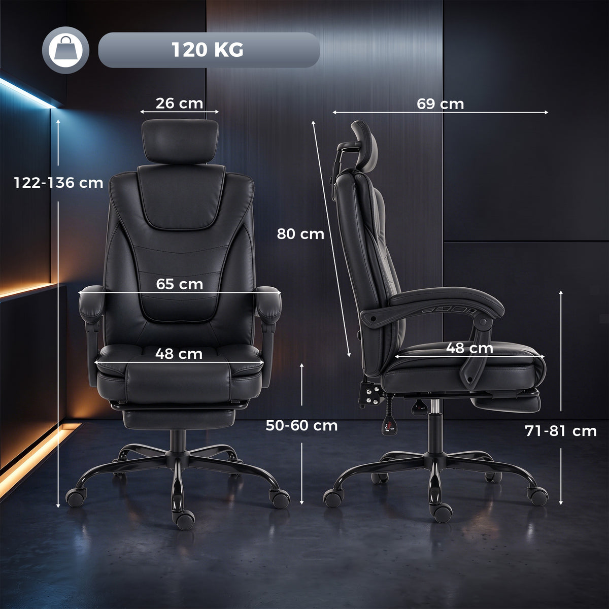 Chaise Gaming Ergonomique, Fauteuil Gaming Inclinable en Cuir Synthétique, Hauteur Réglable, Appui-Tête 2D, Noir-2