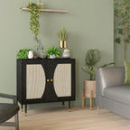 Buffet de cuisine meuble de rangement design bohème double portes avec 2 niveaux, façade en rotin 80 x 38 x 79 cm noir-1