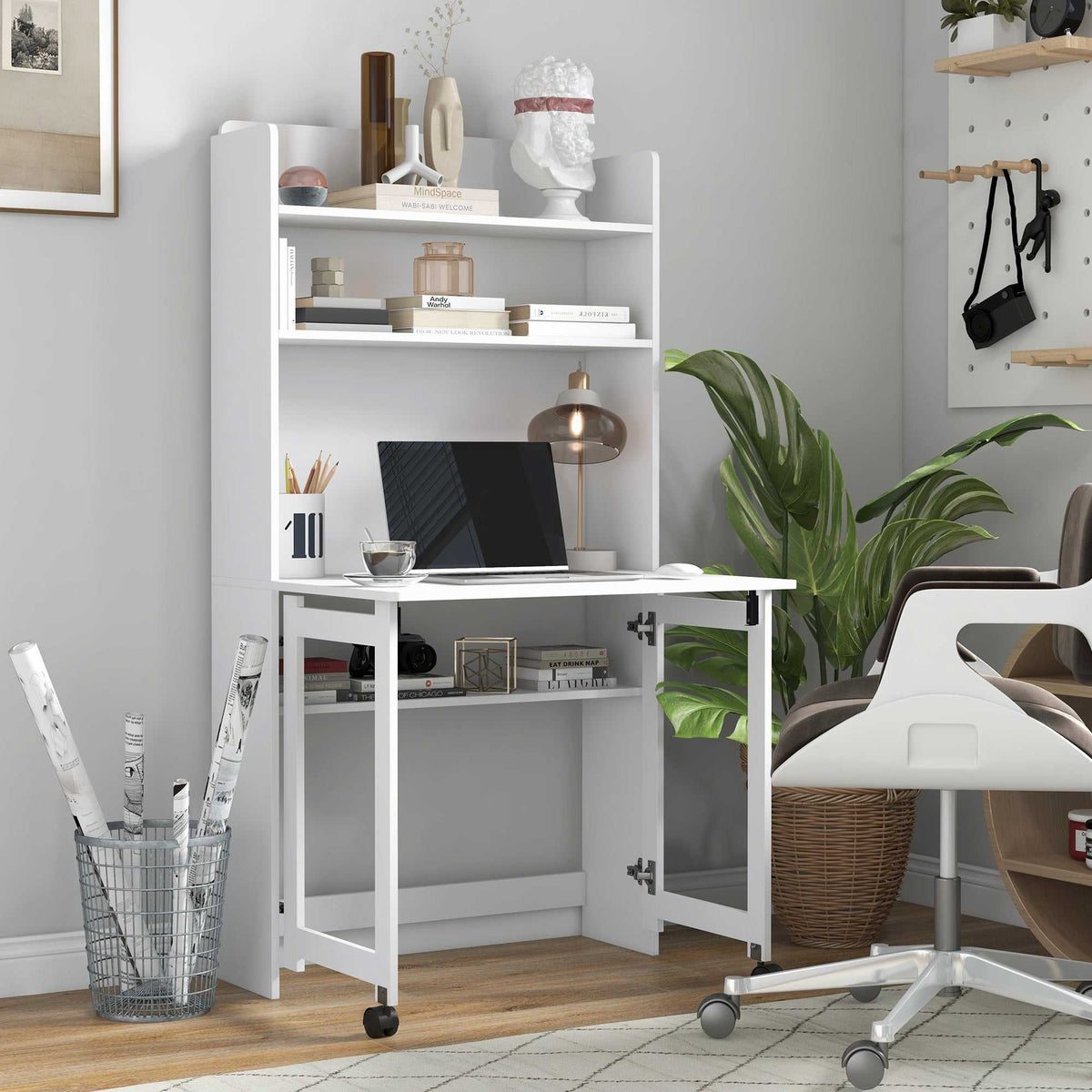 Bureau informatique avec étagères de rangement plateau rabattable 2 roulettes pour chambre salon 80 x 69 x 155 cm blanc-1