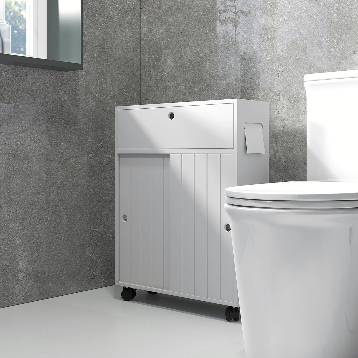 Meuble de rangement toilette salle de bain avec rangement papier toilette sur roulettes - 52 x 17 x 67 cm blanc-9