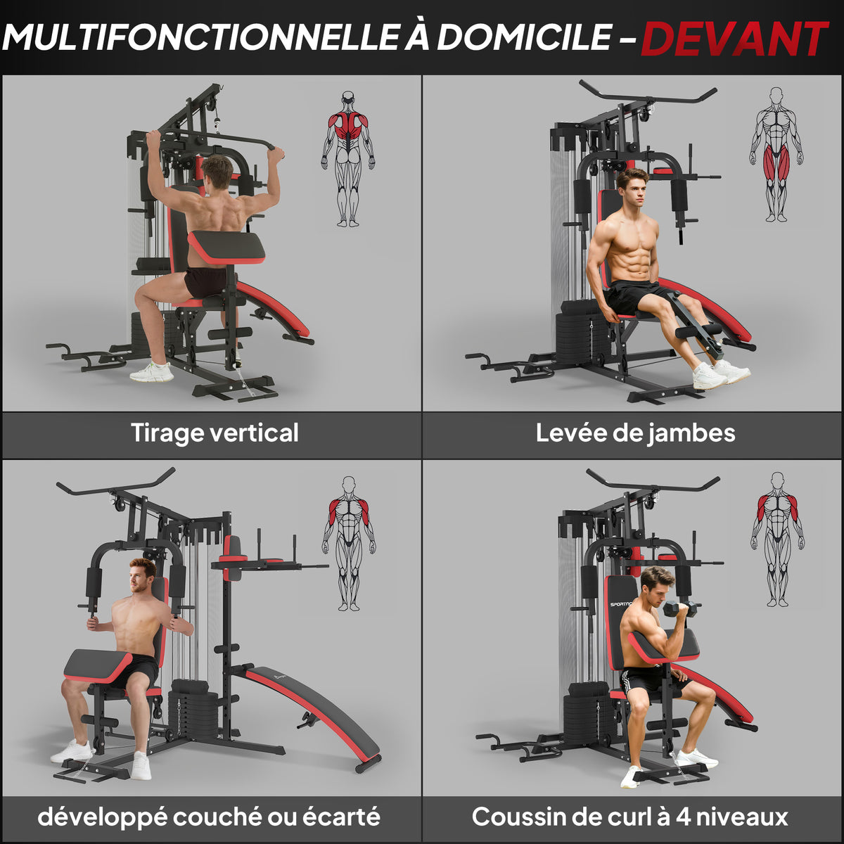 Station Multi Gym avec Poids de 65 kg, Équipement de Musculation avec Banc pour Abdominaux, Noir et Rouge-3