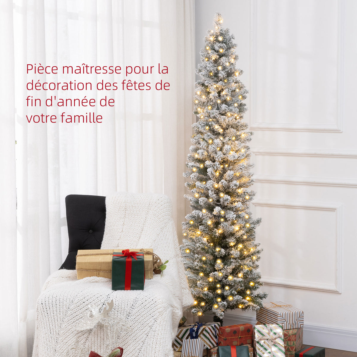 Sapin de Noël artificiel 180 cm avec éclairage LED blanc chaud, 329 branches enneigées, base en métal, réaliste et fin-3