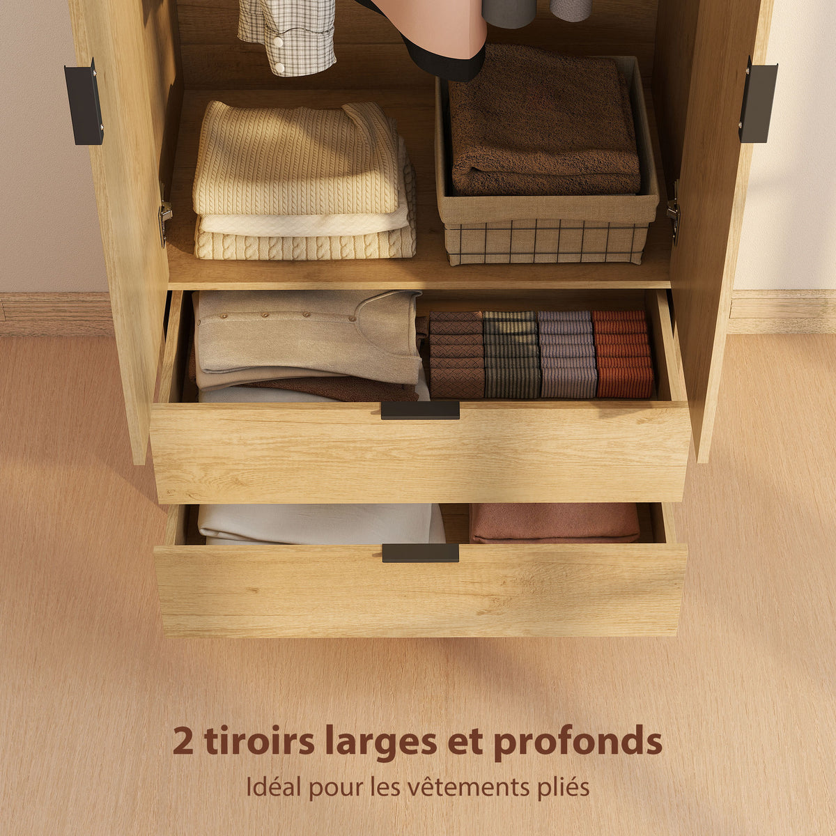Armoire chambre penderie avec 2 portes à fermeture douce, 2 tiroirs et barre de suspension, 80x50x180cm, bois naturel-4