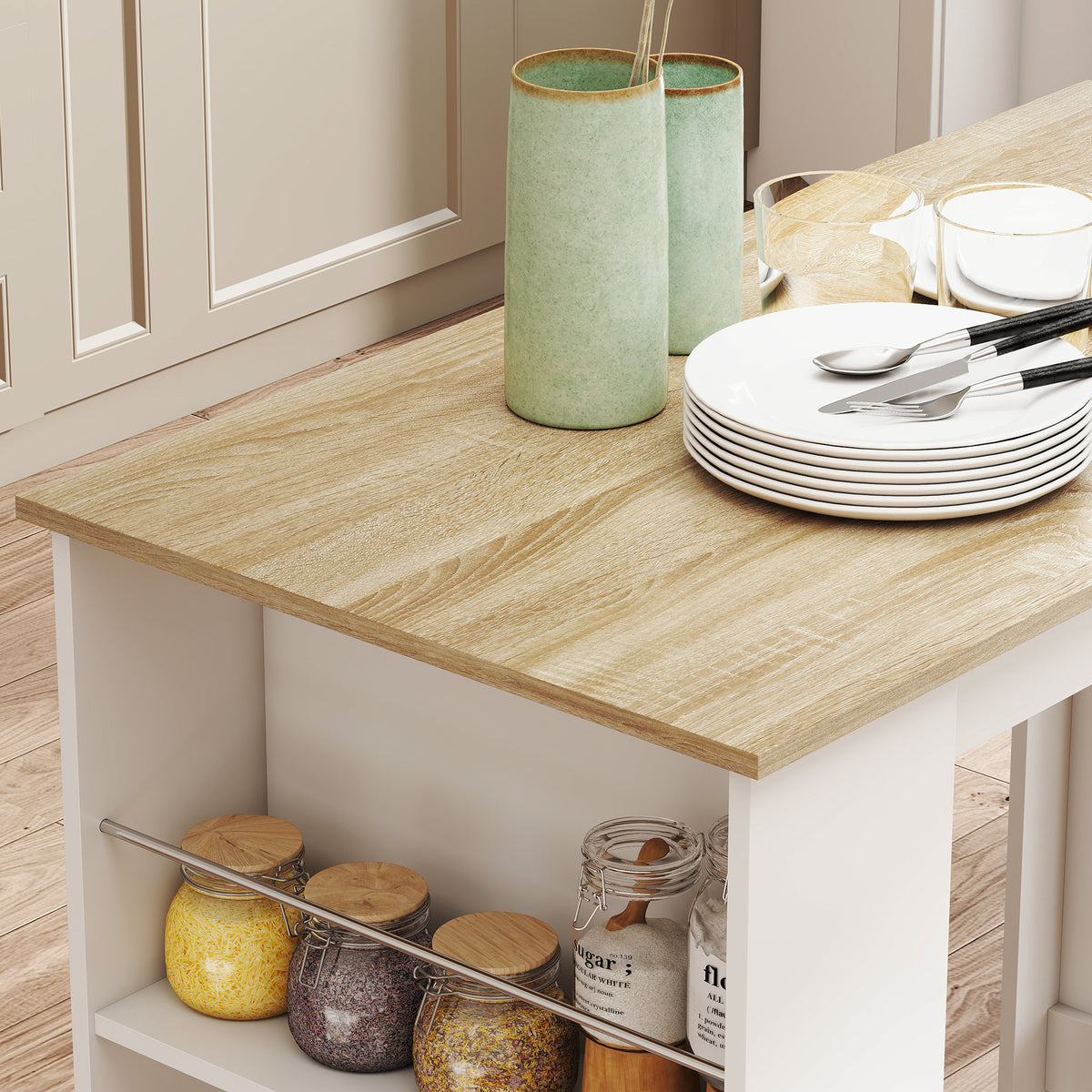 Table de bar table haute de cuisine mange-debout comptoir 112L x 57l x 106H cm - 3 étagères - aspect chêne clair blanc-8