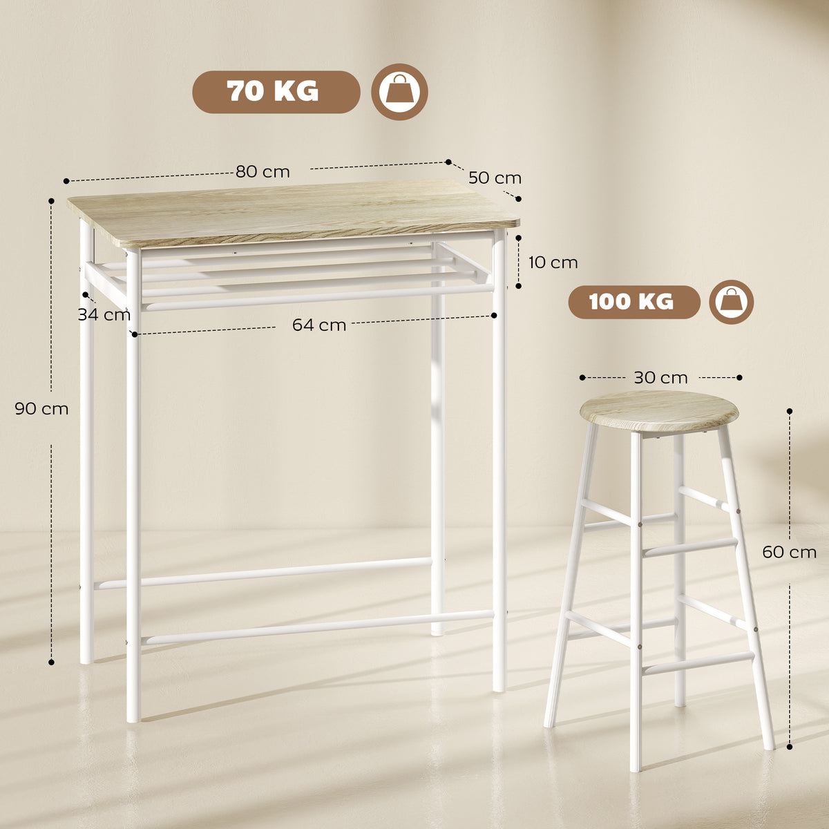Ensemble table de bar avec tabourets, table à manger debout avec 2 chaises, étagère et pieds en métal, 80x50x90cm, blanc-2
