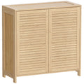 Meuble à chaussures en bambou 14 paires, armoire à chaussures avec portes persiennes et étagères réglables, bois naturel-0