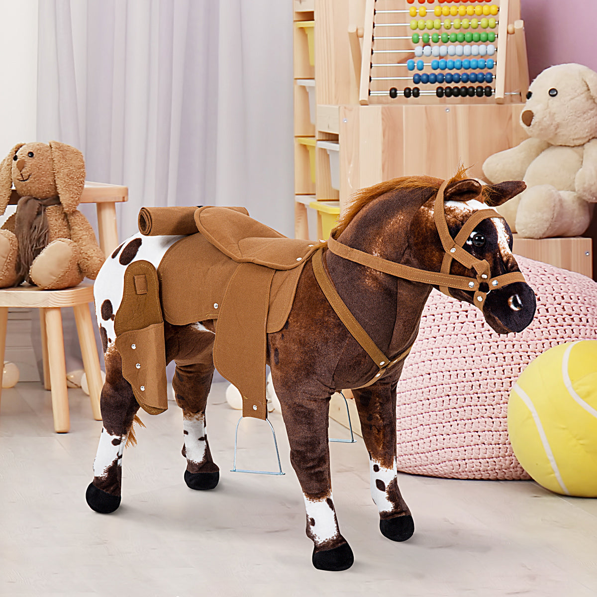 Cheval Debout en Peluche Effets sonores hennissement et Galop Selle étrier rênes 85L x 28l x 60H Marron Blanc-1