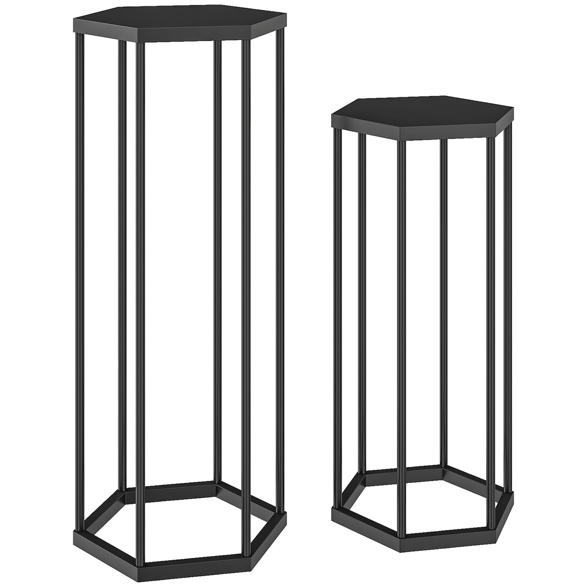 Lot de 2 supports pour plantes, tabouret à fleurs hexagonal en métal, intérieur et extérieur, noir-0