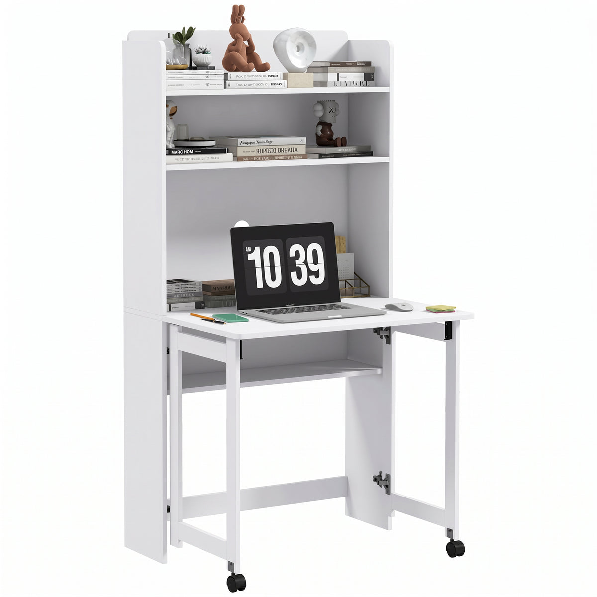 Bureau informatique avec étagères de rangement plateau rabattable 2 roulettes pour chambre salon 80 x 69 x 155 cm blanc-0