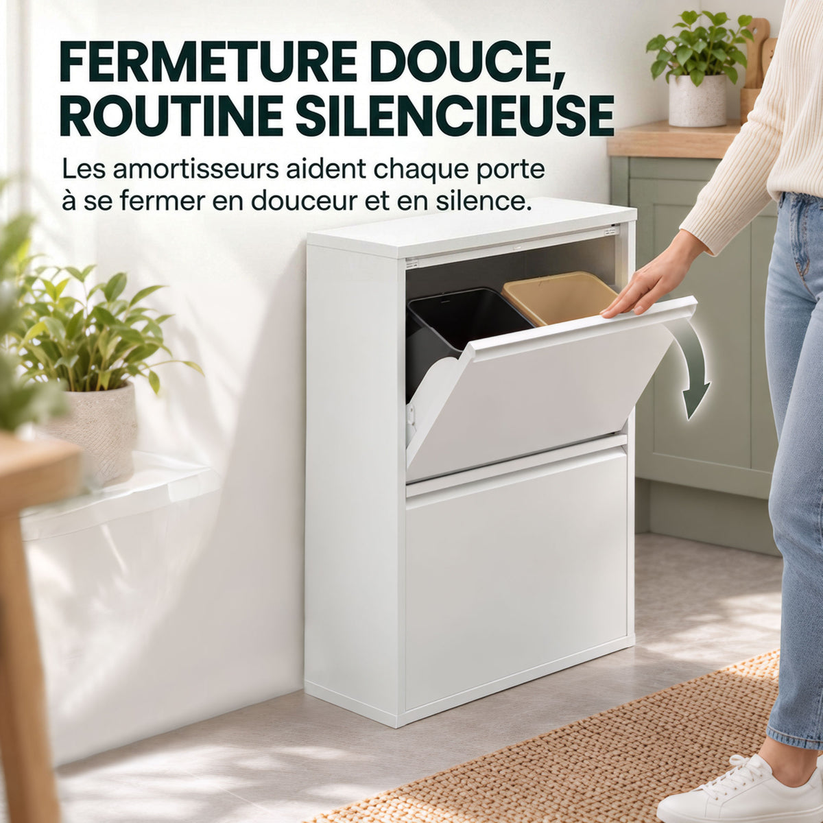 Meuble Poubelle de Tri Sélectif 60 L (4 x 15 L), 4 Compartiments, Fermeture Amortie, Seaux Intérieurs Amovibles, Blanc-5