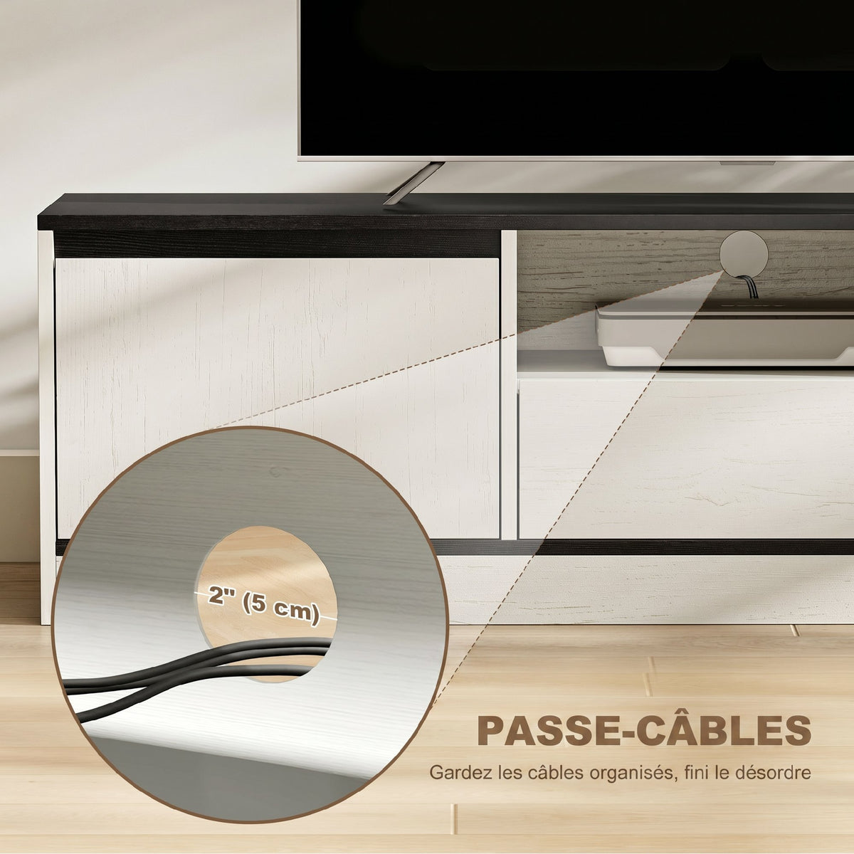 Meuble TV pour Télévision jusqu'à 60" avec 2 Armoires, 1 Étagère Ouverte, 1 Tiroir, Moderne, 140x35x40cm, Noir et Blanc-6