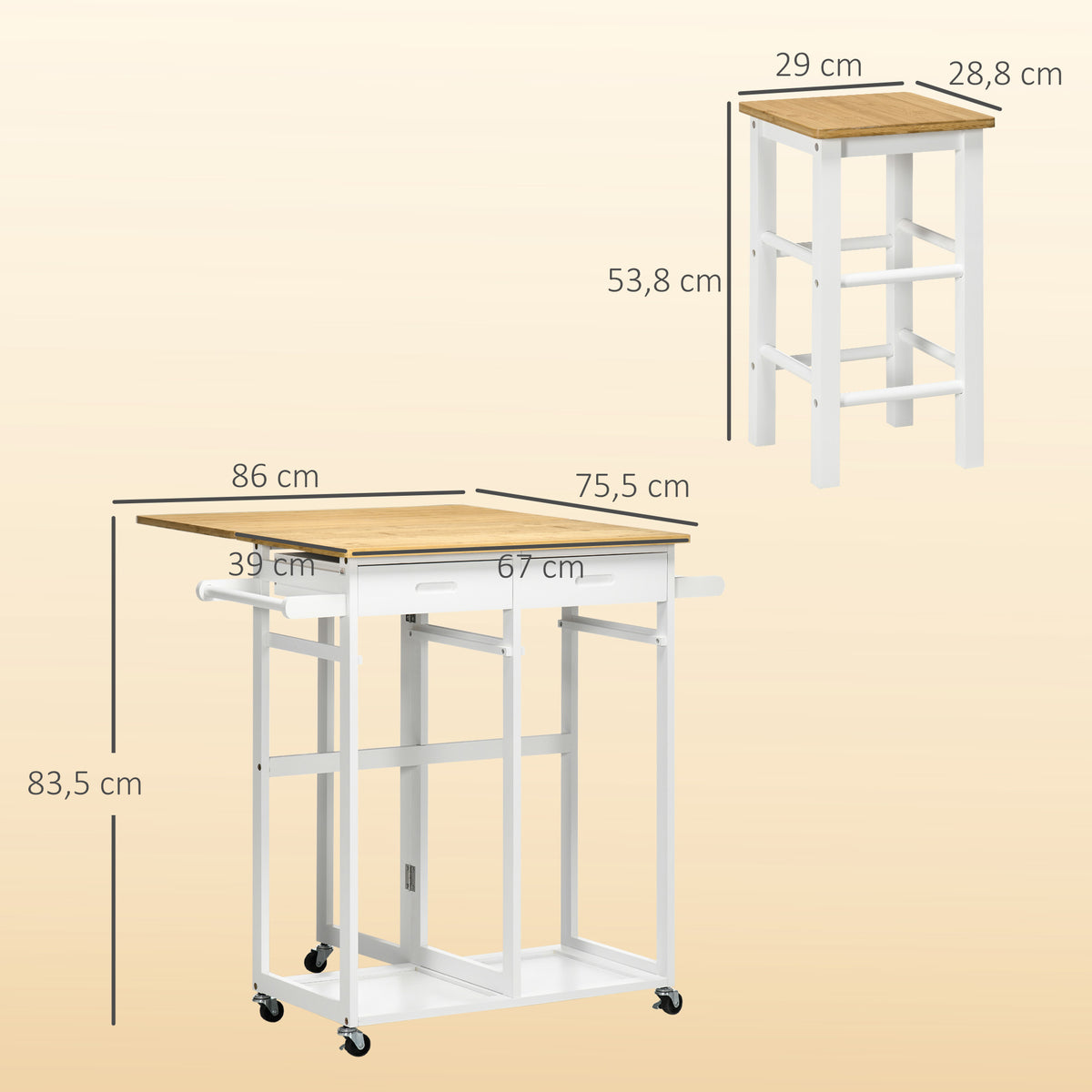 Ensemble table de bar pliable roulettes + 2 tabourets blanc et bois clair - 2 tiroirs et porte-torchons-2