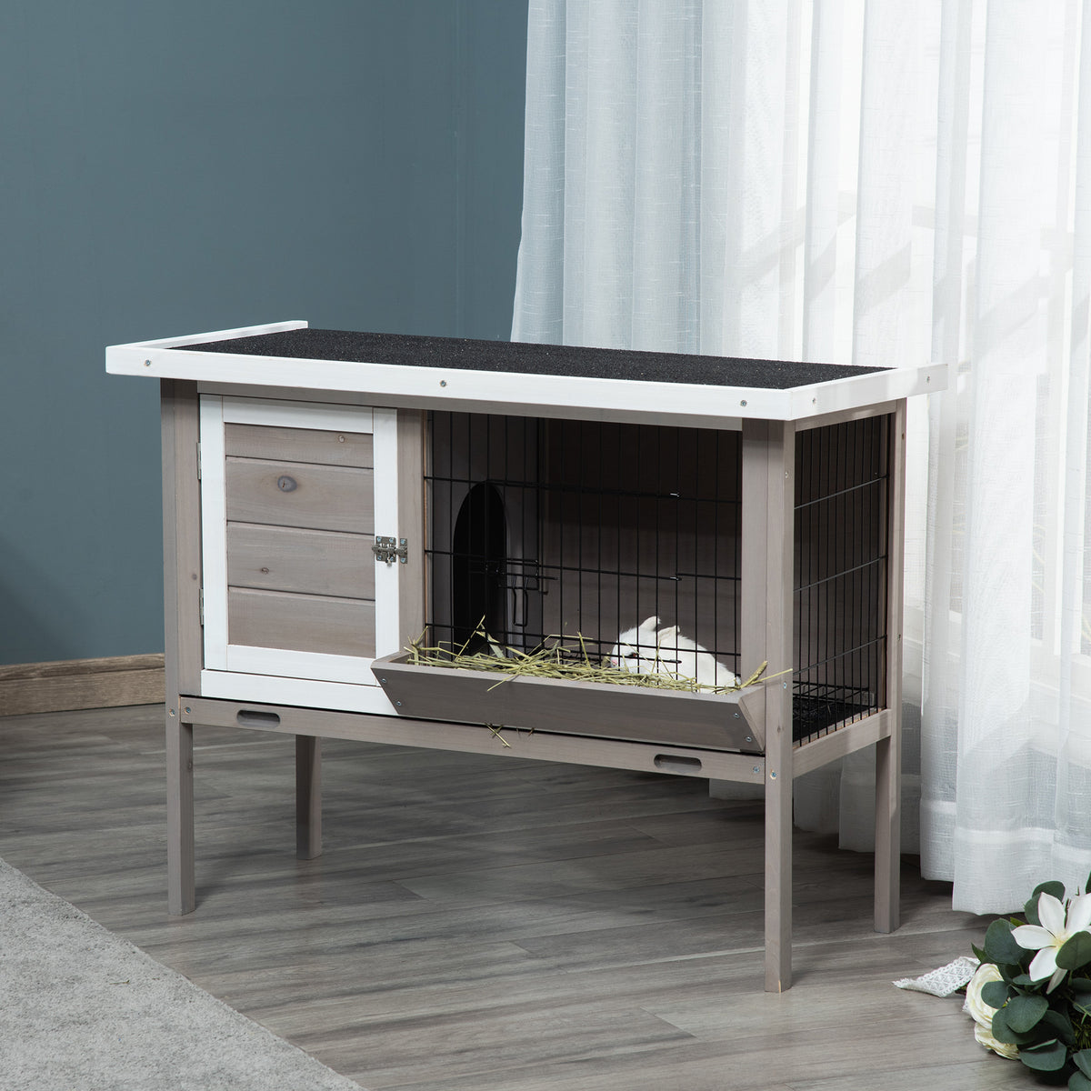 Clapier en bois pour lapin avec toit en asphalte mangeoire plateau amovible et 2 portes 91 x 46 x 71 cm gris-9