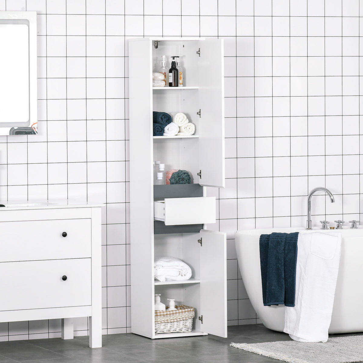 Meuble Colonne Rangement Salle de Bain Style Contemporain 2 placards 3 étagères et tiroir Coulissant Panneaux Particules Blanc-9