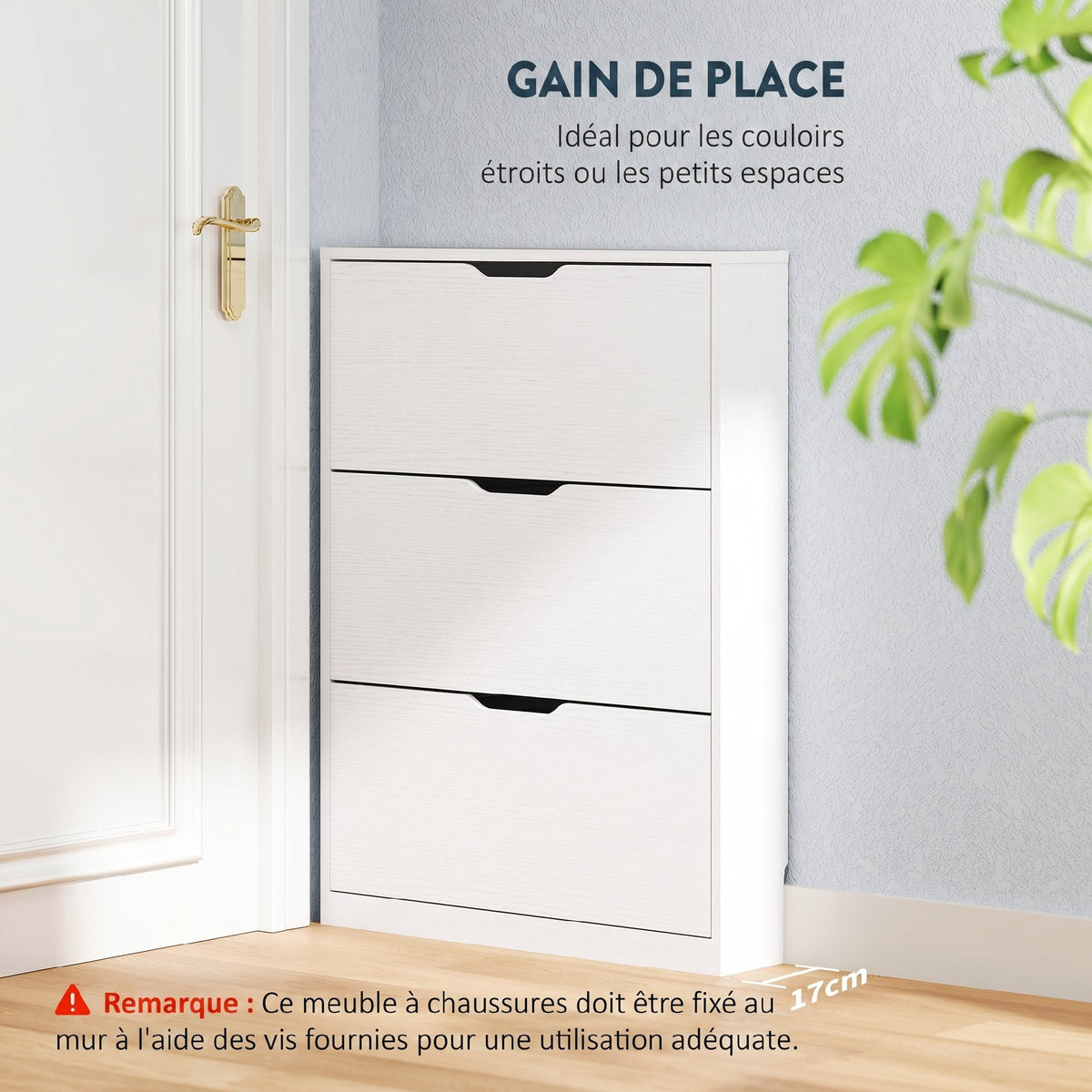 Meuble à chaussures 12 paires, armoire à chaussures, 3 tiroirs rabattables, pour couloir, entrée, 80x17x108cm, blanc-4
