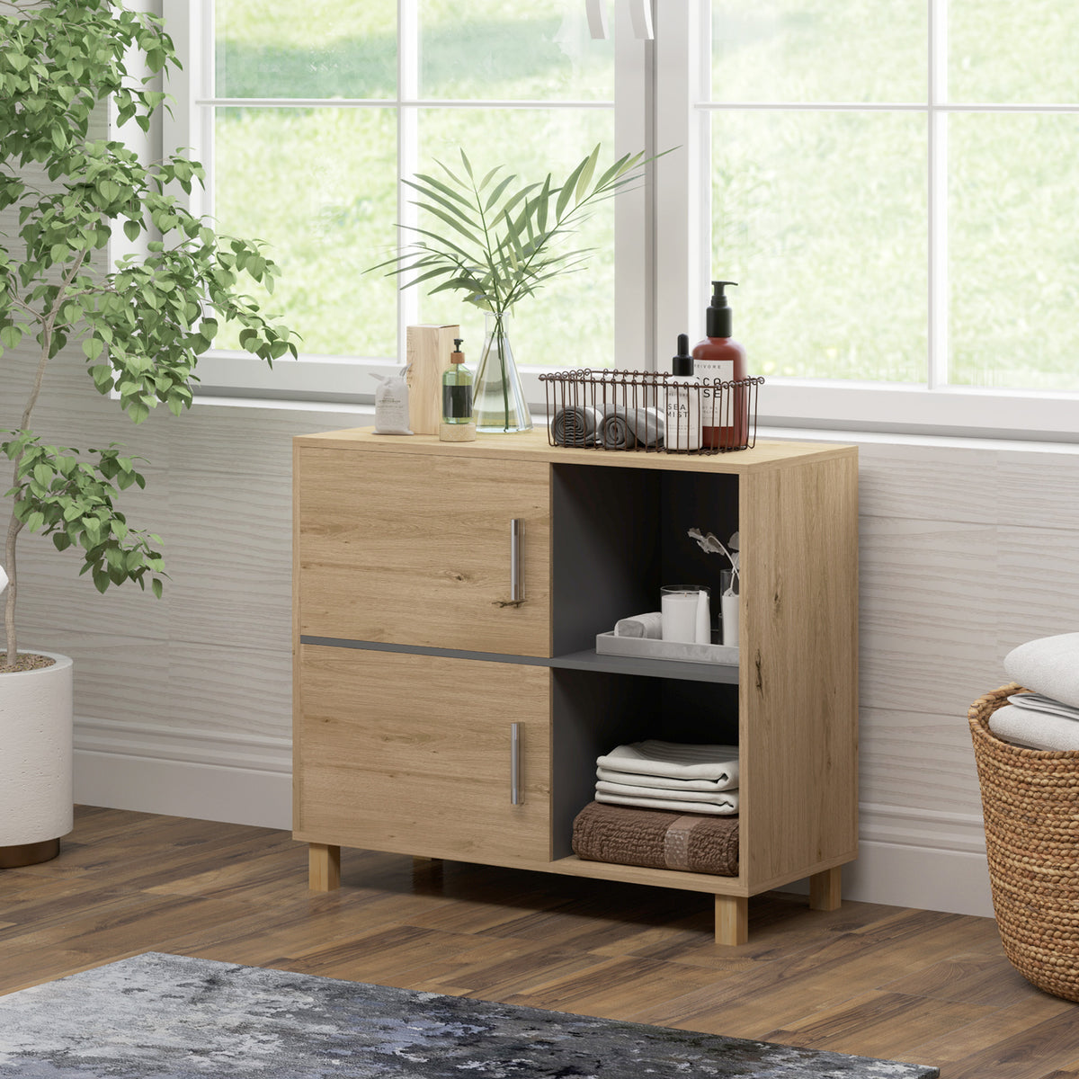Meuble de salle de bain, meuble de rangement avec compartiments ouverts et placard, dim. 80 x 35 x 70 cm, bois naturel-1
