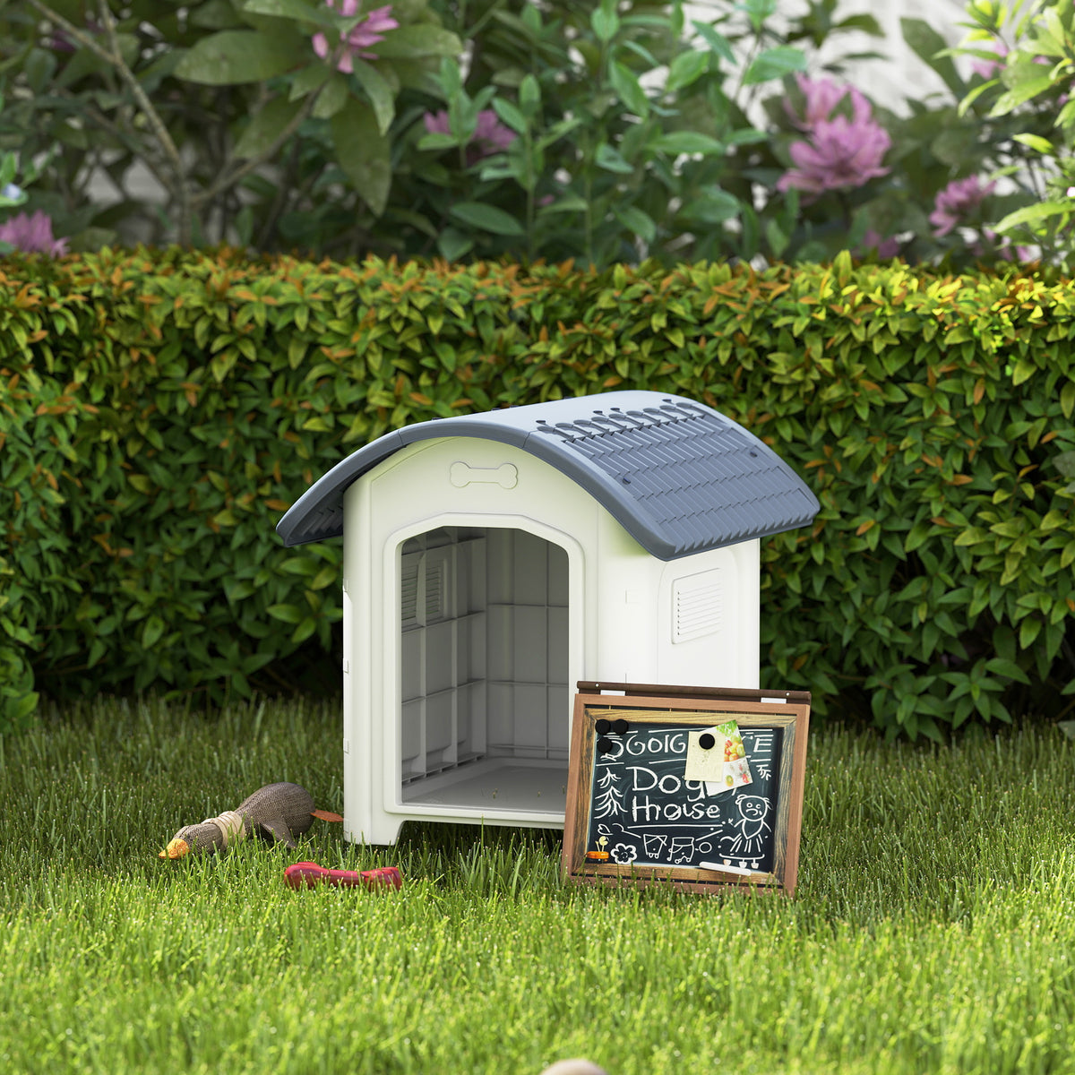 Niche pour Chien Extérieur, Maison pour Chien en Plastique avec Sol Surélevé et Amovible, Toit Imperméable, Gris-1