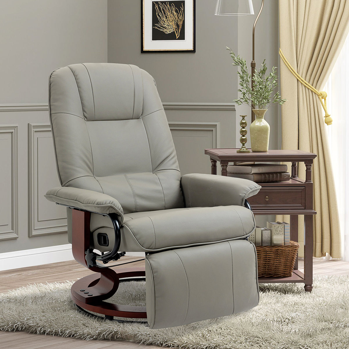 Fauteuil relax inclinable repose-pieds réglable pivotant 360° piètement bois revêtement PU respirant et doux gris-9