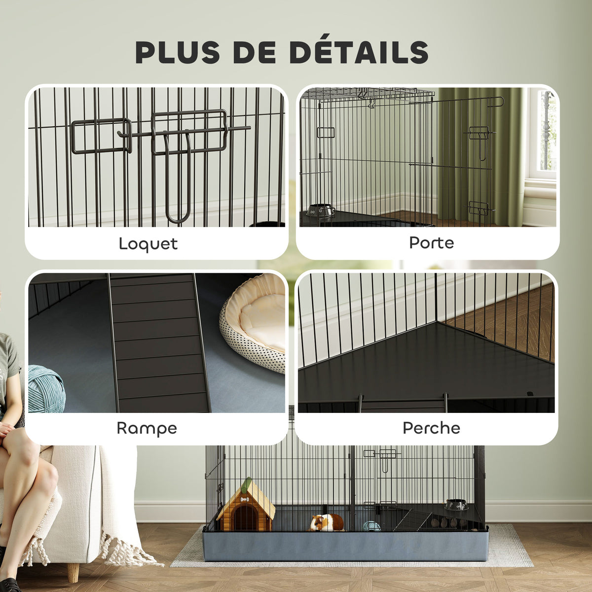 Cage pour petits animaux 2 en 1 avec dessus amovible enclos lapin 2 zones séparées rampe 121 x 61 x 61 cm en acier noir-6