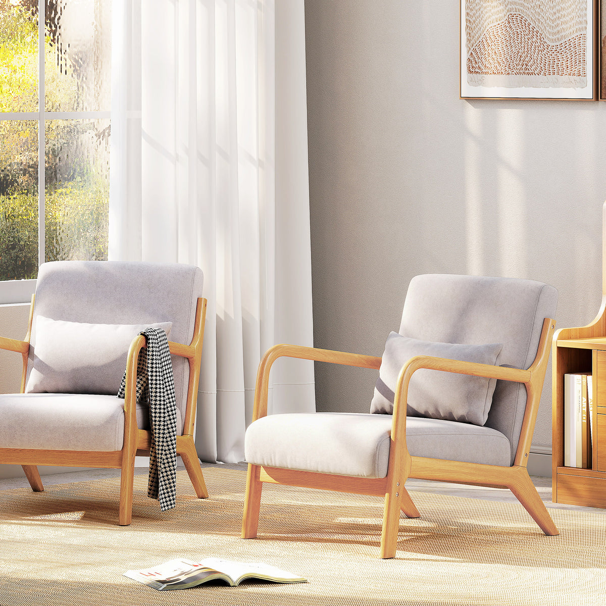 Fauteuil lounge - 3 coussins inclus - assise profonde - accoudoirs - structure bois hévéa - velours givré gris-7